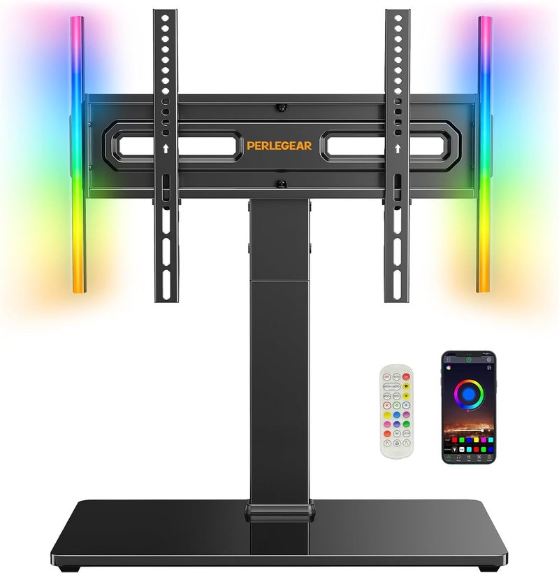 Perlegear Universal Swivel TV Stand with LED Lights for 32–70 inch TVs, Height Adjustable Table Top TV Stand with Tilt, Tempered Glass Base, Holds up to 88 lbs, Max VESA 400x400mm, PGTVS32B - Image 1
